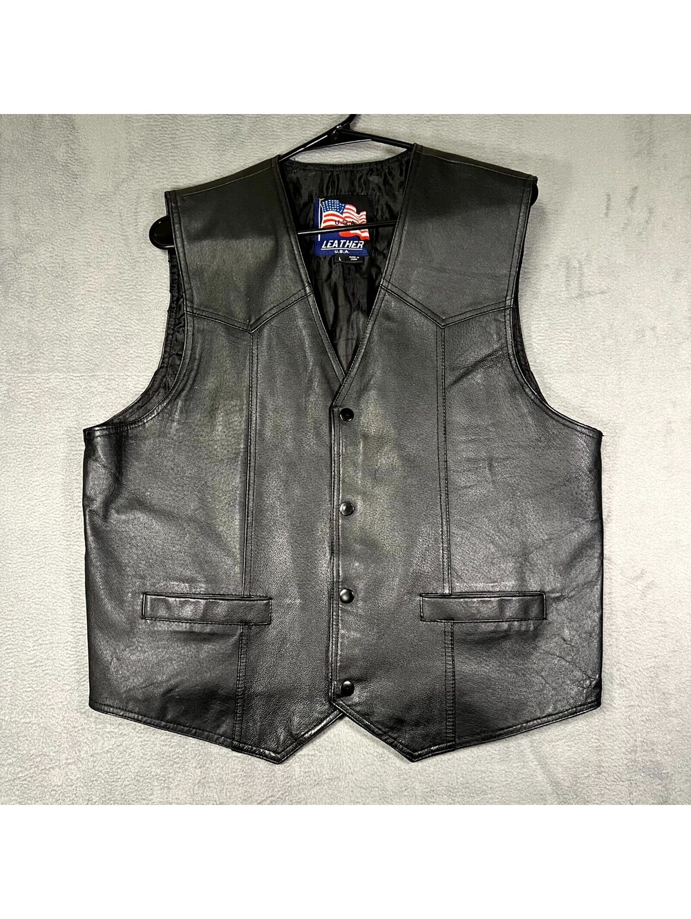USA Leather Vest Black Mens Large Biker Snap Front Pockets Rockabilly Western